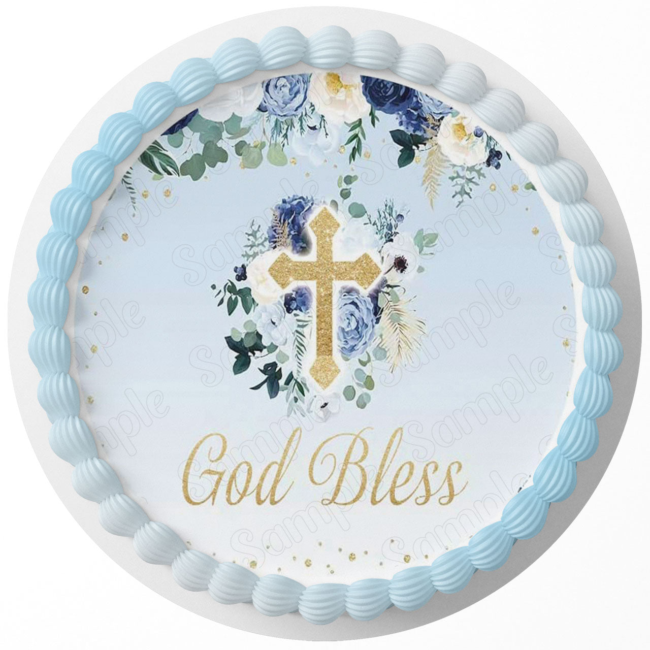 God Bless Religious Cross Round – Icing Sheet Birthday - Personalized Edible Cake Topper | Custom Icing Sheet | Birthday Cake Decoration
