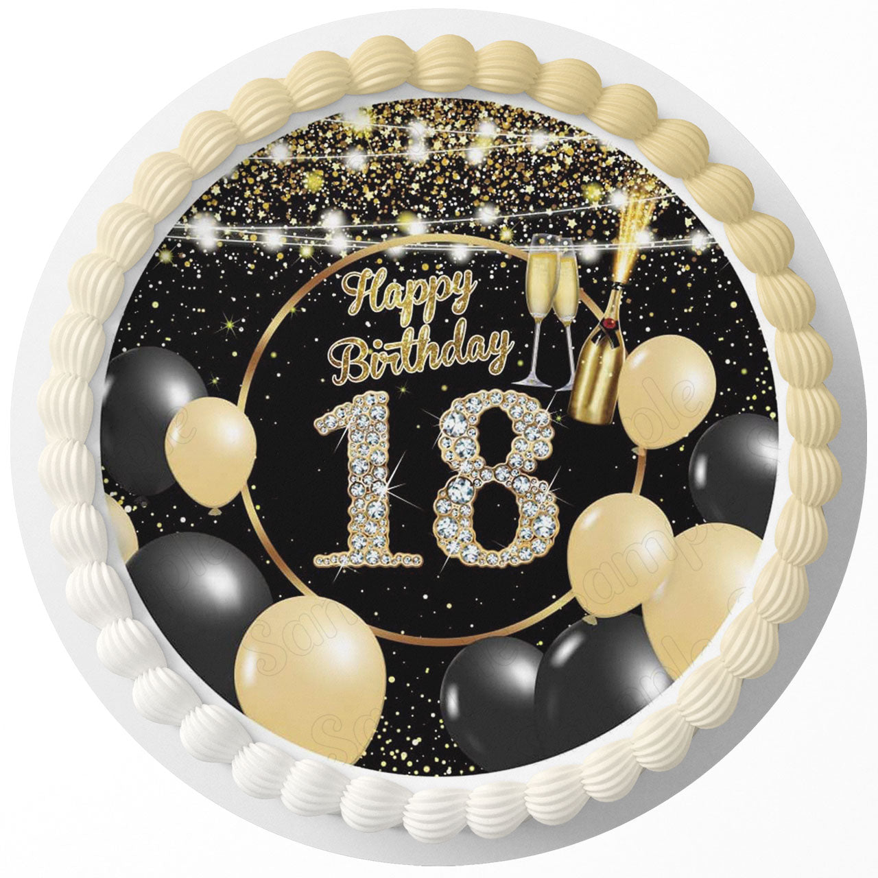 Gold Champagne Balloons Round – Icing Sheet Birthday - Personalized Edible Cake Topper | Custom Icing Sheet | Birthday Cake Decoration