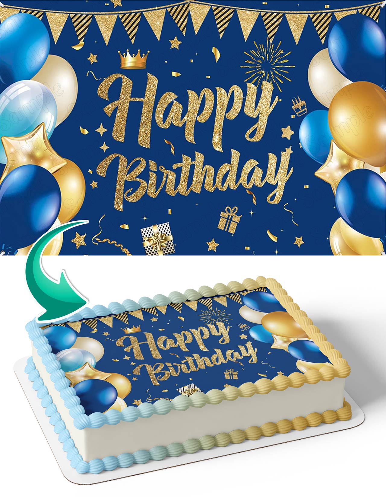 Gold Blue Balloon Stars lights Edible Cake Topper