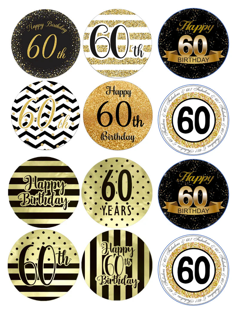 Gold and Black 60th Birthday Edible Cupcake Toppers Icing Sheet or Wafer Paper