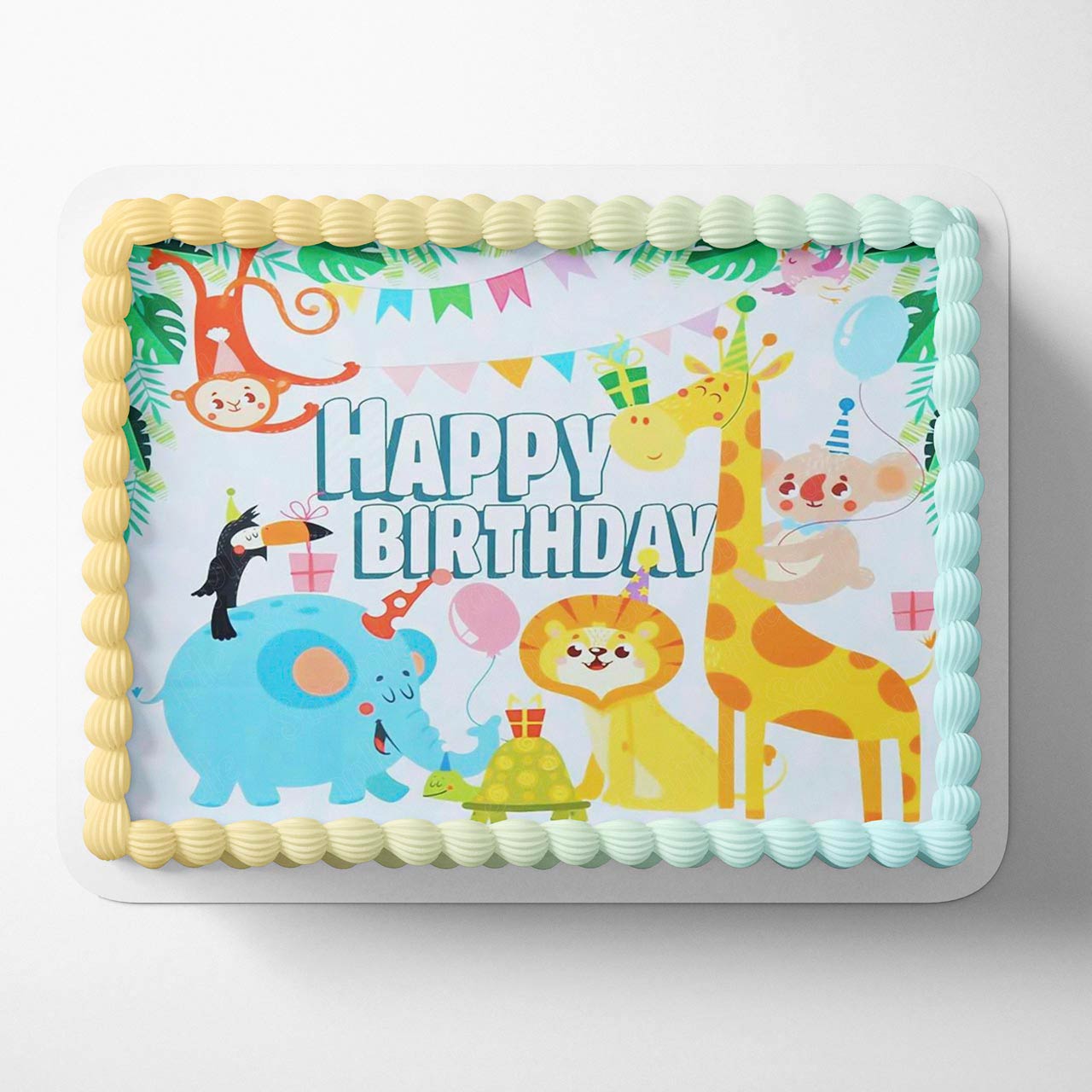 Green Leaves Giraffe Elephant Jungle Safari Color CFH Edible Cake Topper