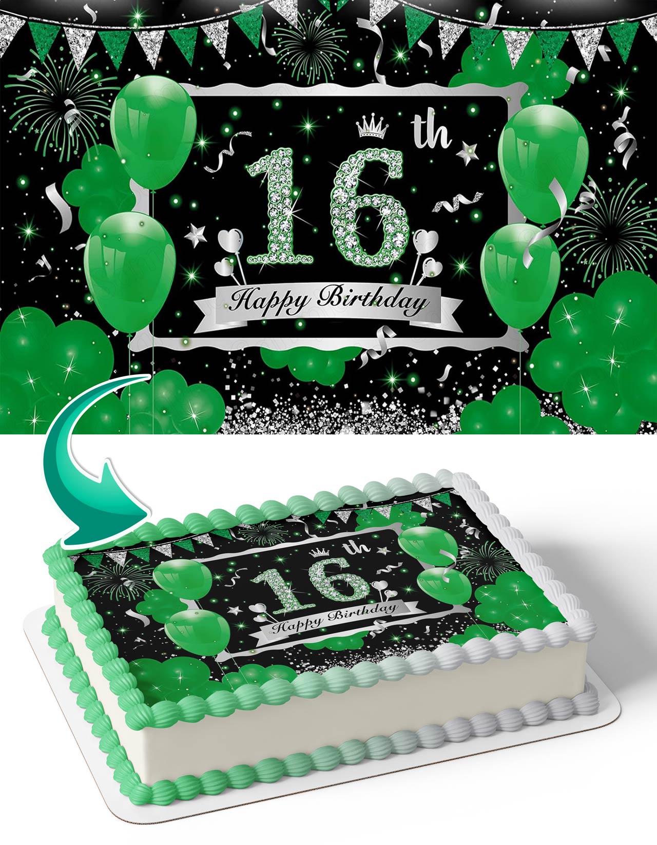 Green Silver 16th Sixteen Year Old Glitter Balloons Edible Cake Topper