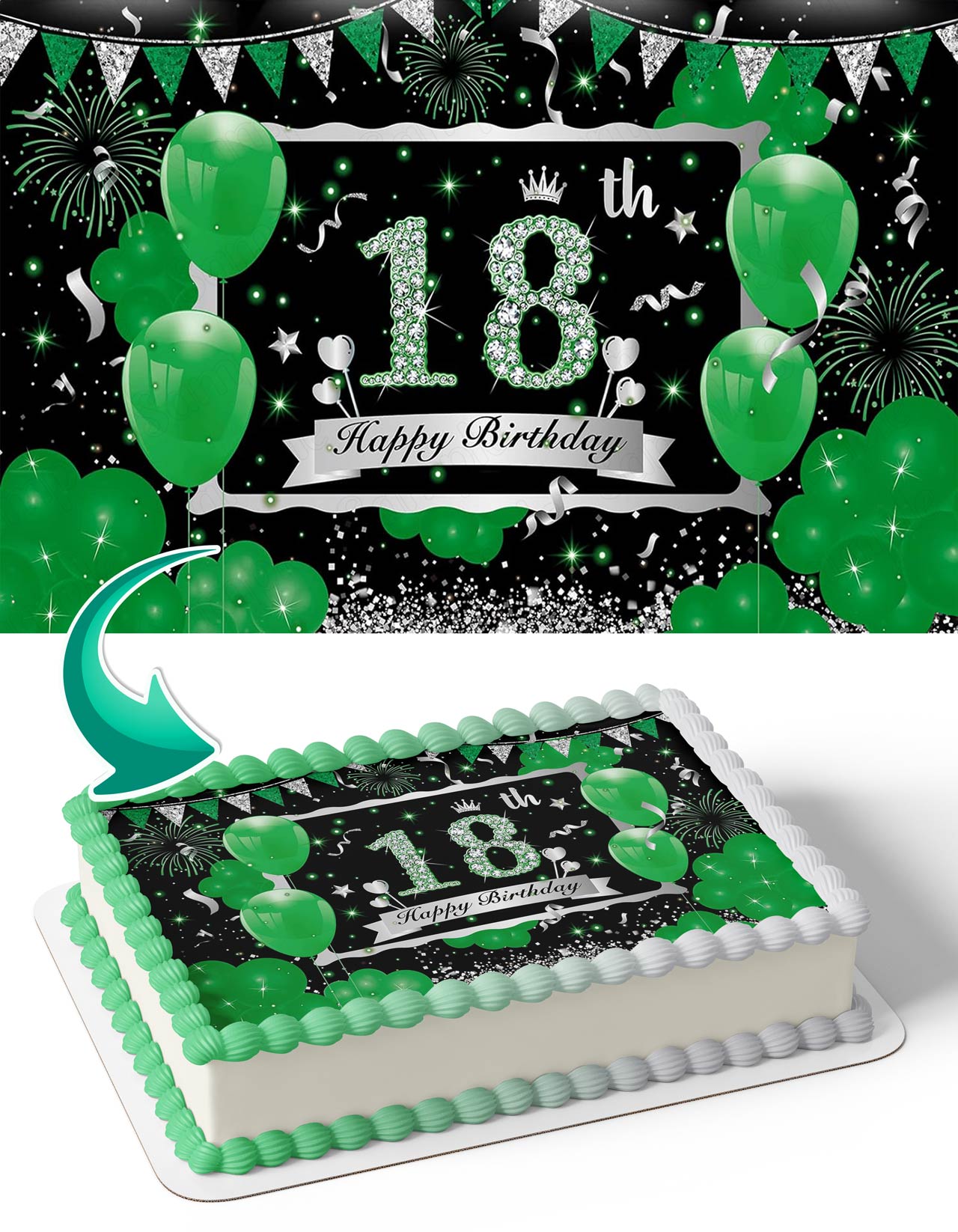 Green Silver 18th Eighteen Year Old Glitter Balloons Edible Cake Topper
