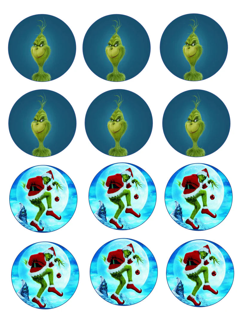 Grinch Christmas Edible Cupcake Toppers Icing Sheet or Wafer Paper