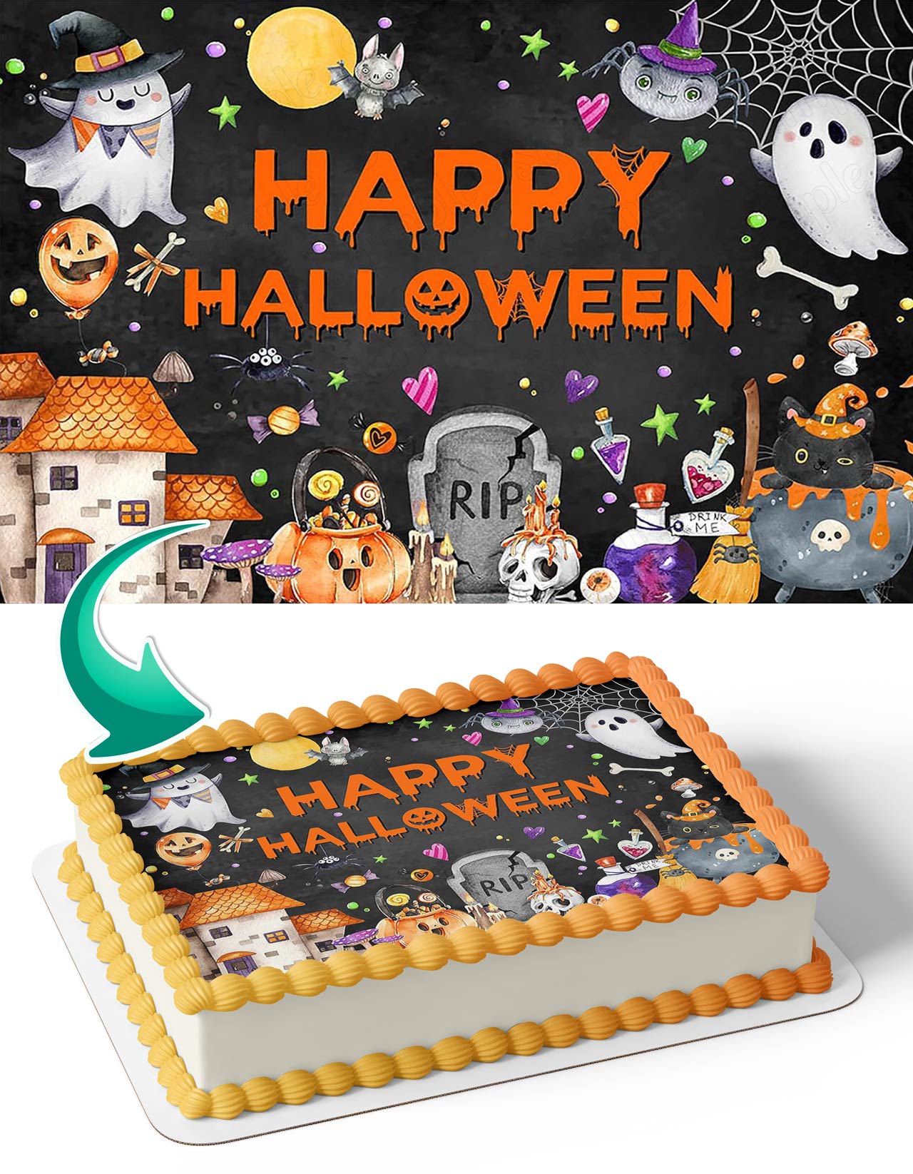 Halloween Horror Night Pumpkin Ghost Town Trick or Treat Edible Cake Topper