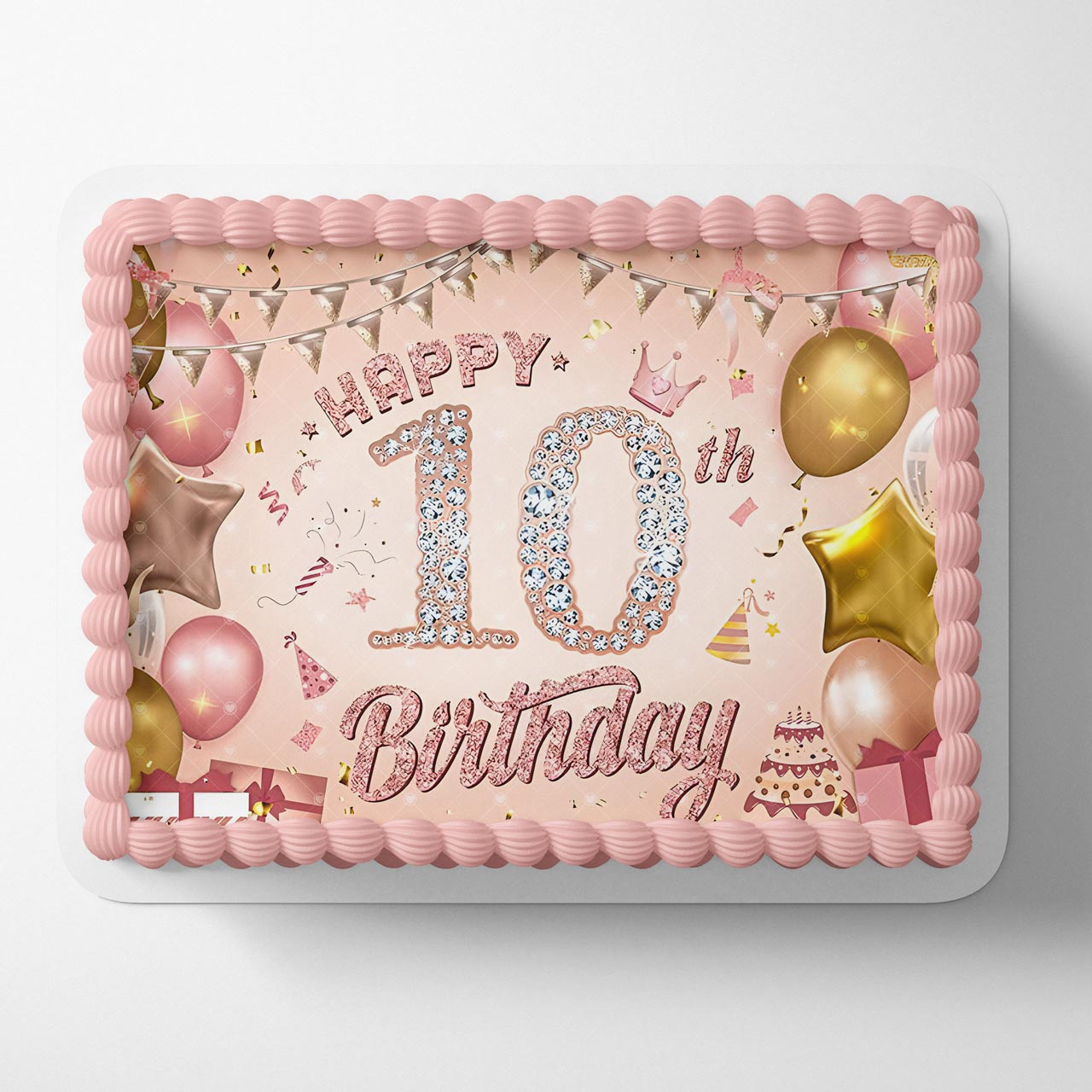 Happy 10th Birthday Diamond Pink Gold Edible Cake Topper