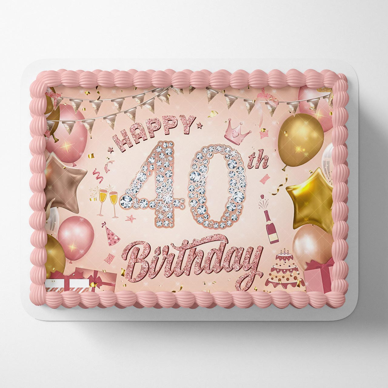 Happy 40th Birthday Diamond Pink Gold Edible Cake Topper