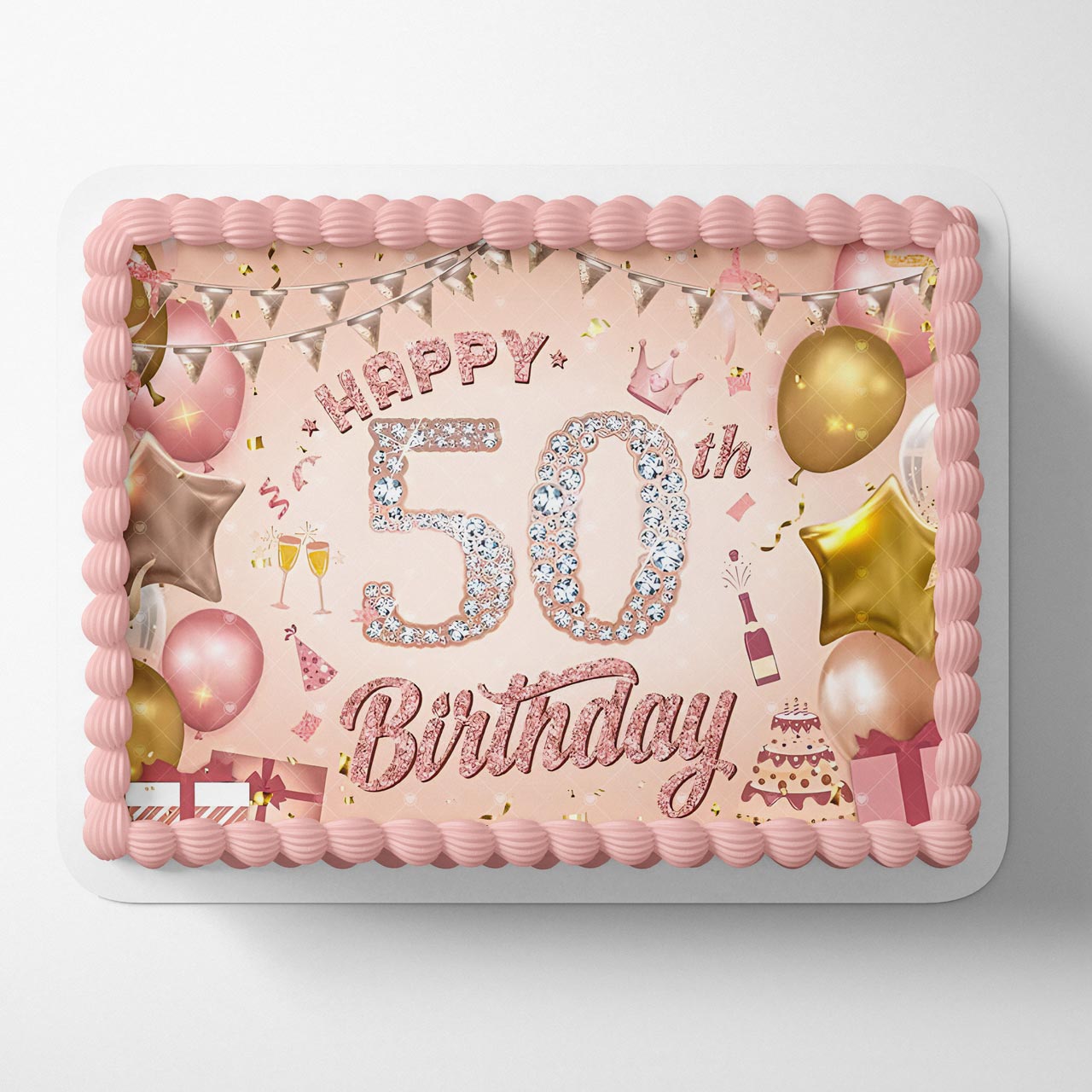 Happy 50th Birthday Diamond Pink Gold Edible Cake Topper