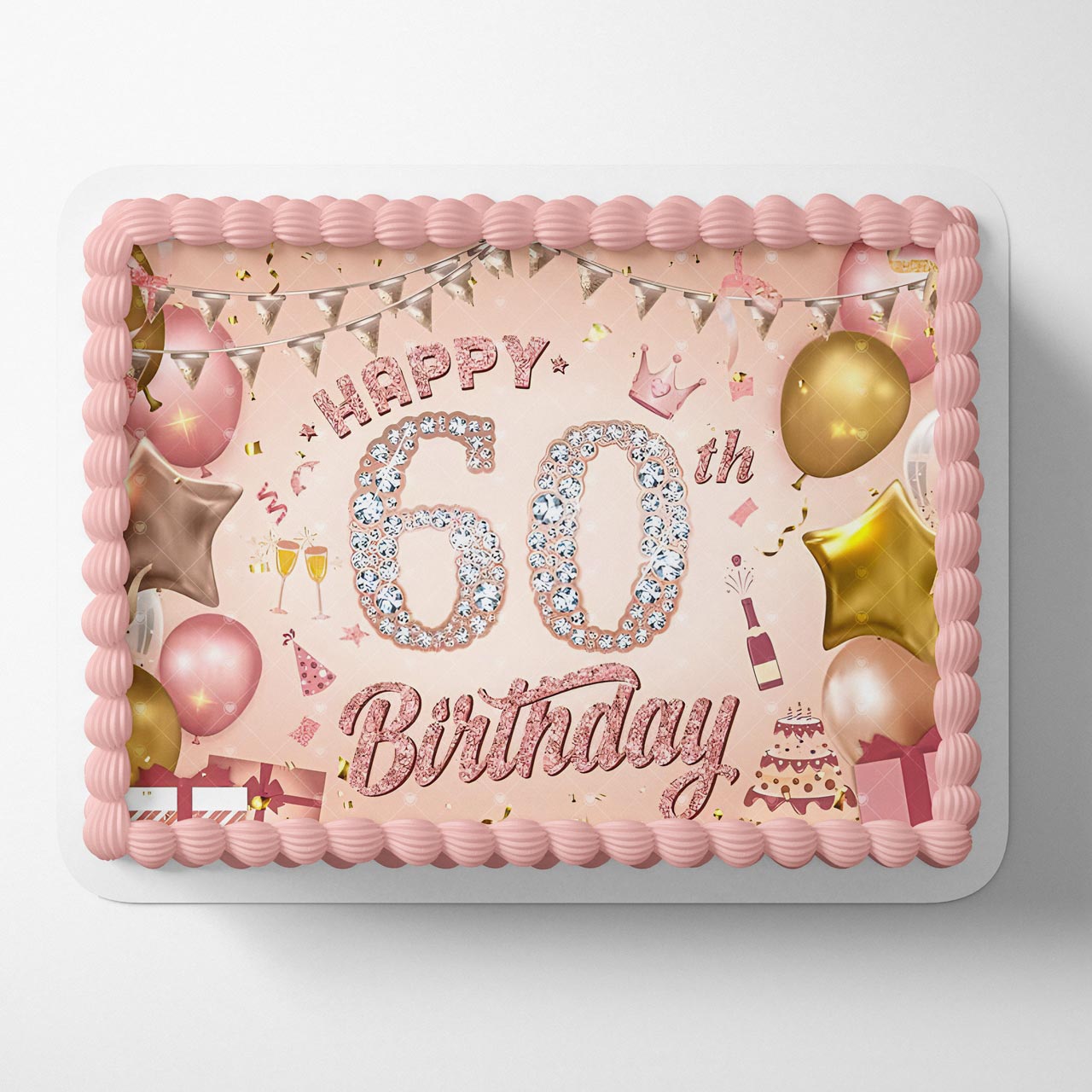 Happy 60th Birthday Diamond Pink Gold Edible Cake Topper