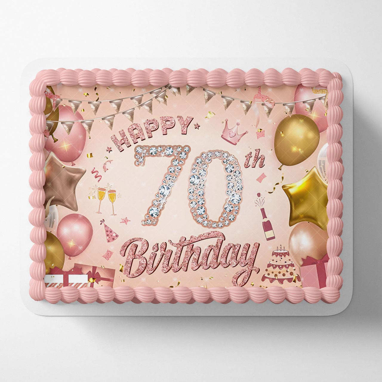 Happy 70th Birthday Diamond Pink Gold Edible Cake Topper