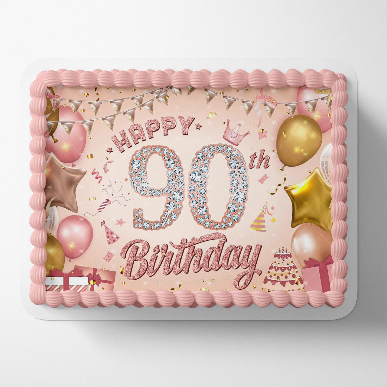 Happy 90th Birthday Diamond Pink Gold Edible Cake Topper