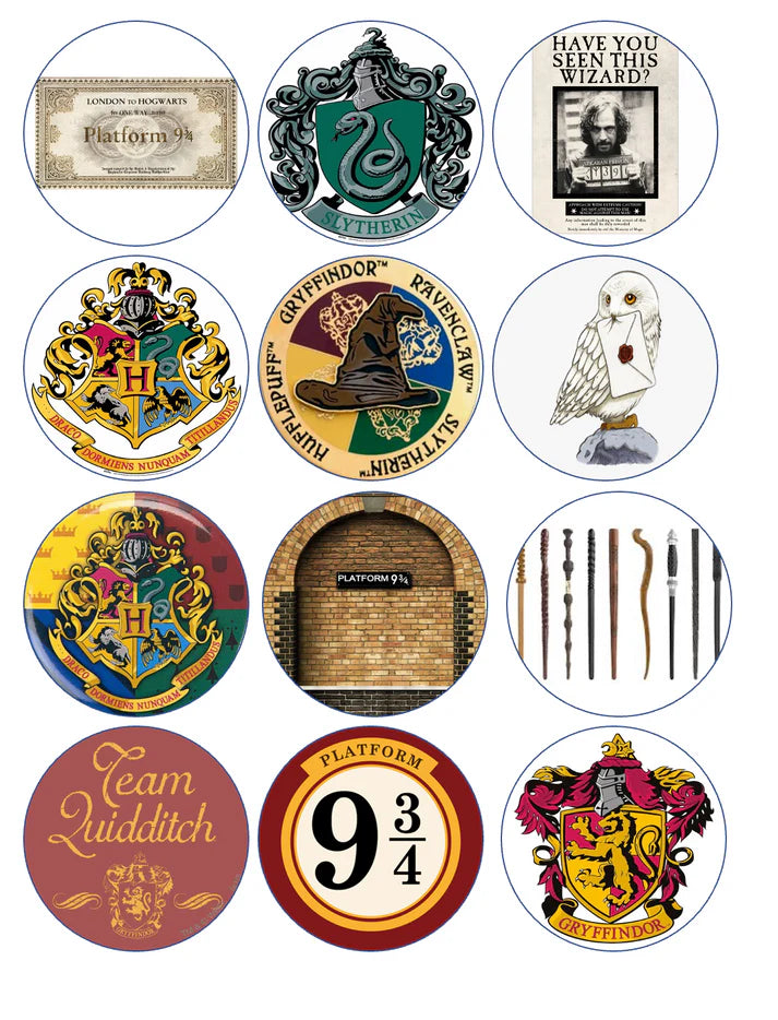 Harry Potter Sorting Hat and Quidditch Mix Edible Cupcake Toppers Icing Sheet or Wafer Paper