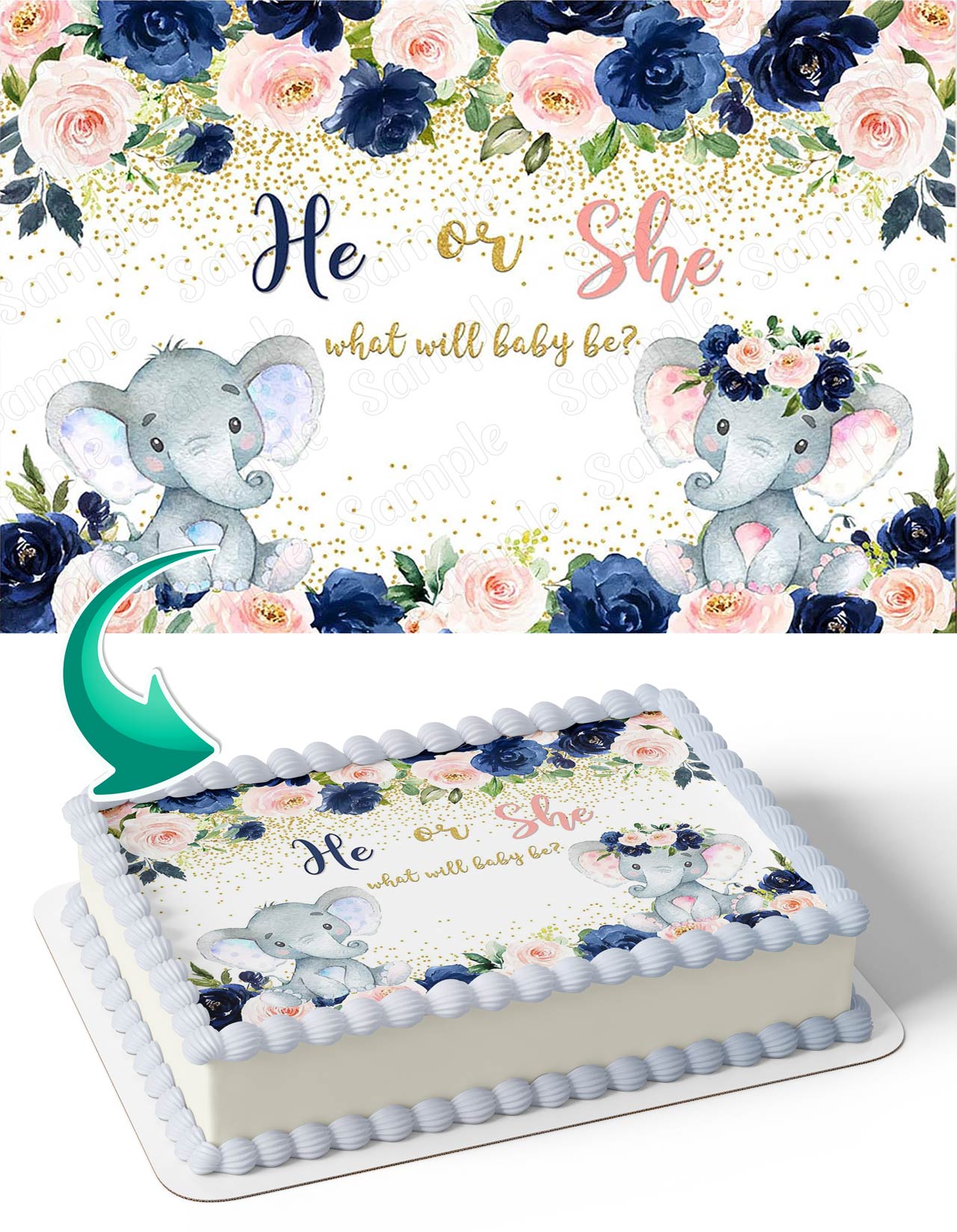 He or She Navy Blue Blush Pink Floral Elephant Gender Reveal Edible Cake Topper