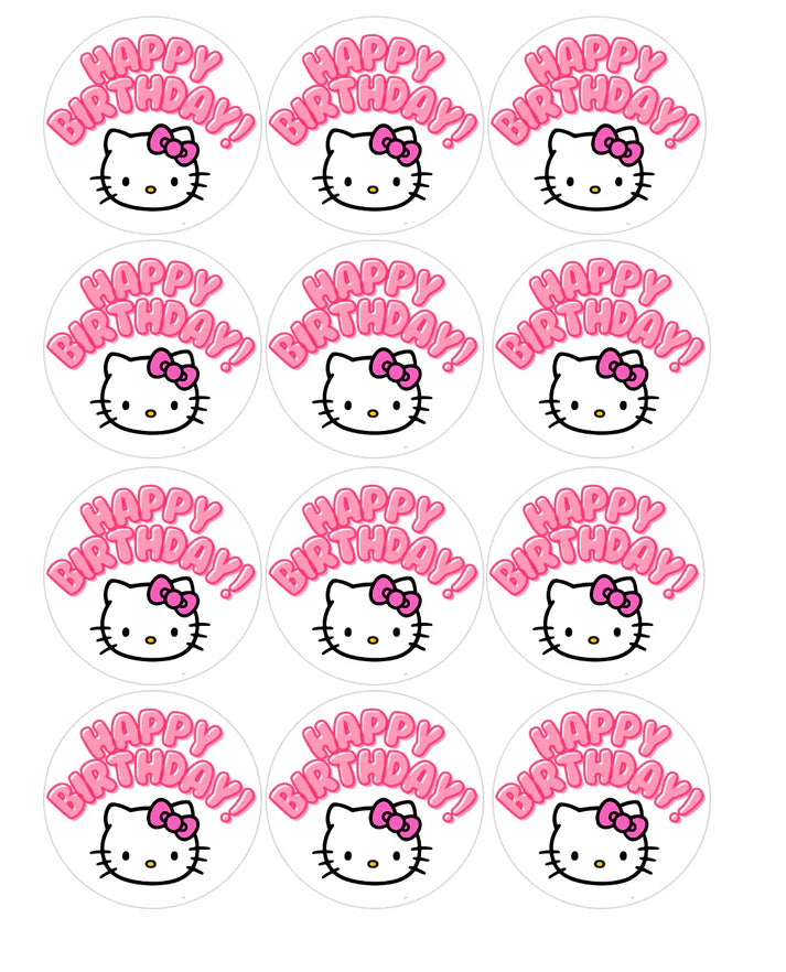 Hello Kitty Happy Birthday Edible Cupcake Toppers Icing Sheet or Wafer Paper