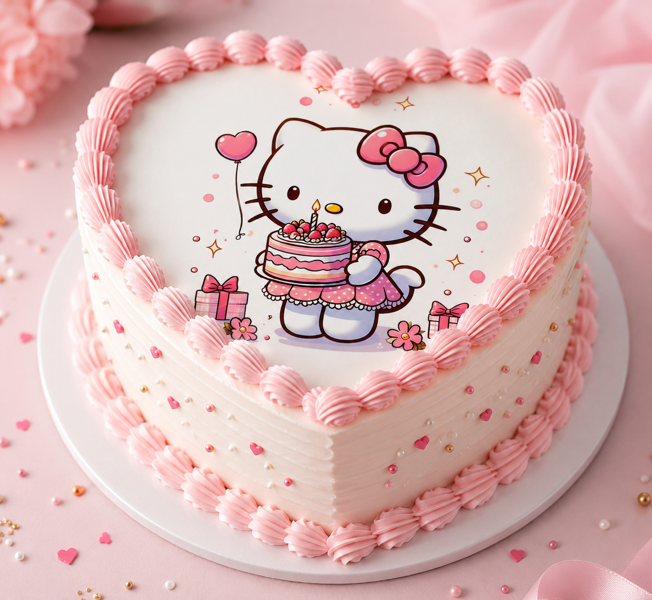 Hello Kitty Heart Shape - Personalized Edible Cake Topper | Custom Icing Sheet | Birthday Cake Decoration