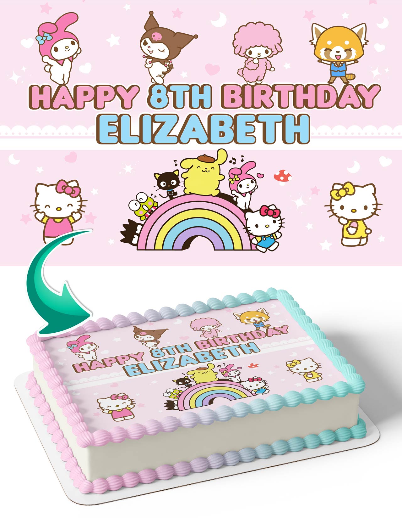 Kitties Kids Girls Hello Sanrio Pink Girls Rainbow Edible Cake Topper