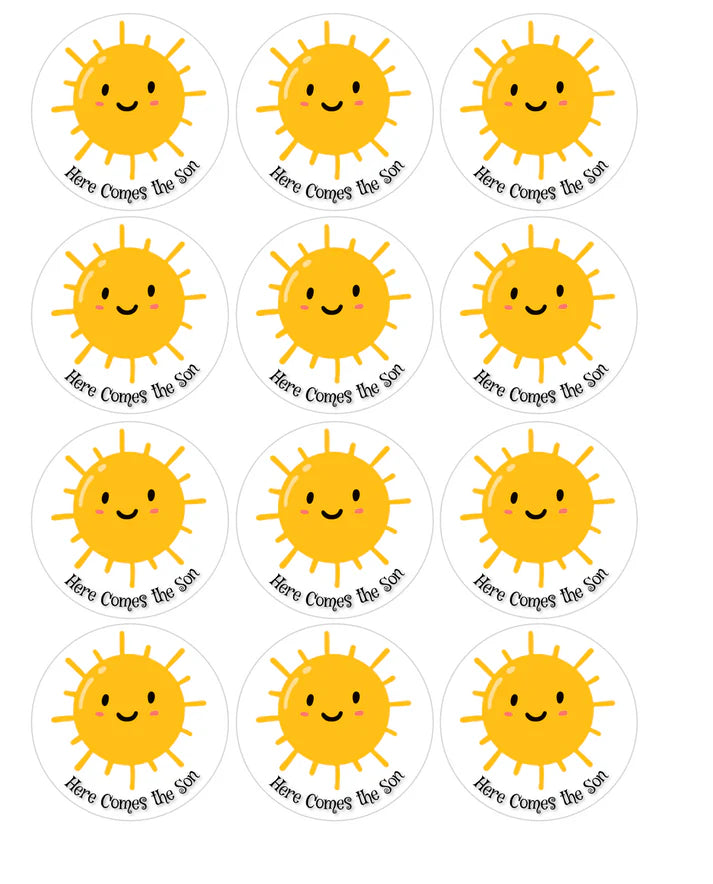 Here Comes the Son Baby Shower Sunny Smile Edible Cupcake Toppers Icing Sheet or Wafer Paper