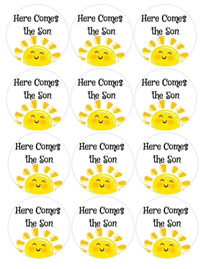 Here Comes the Son Baby Shower Sunshine Edible Cupcake Toppers Icing Sheet or Wafer Paper