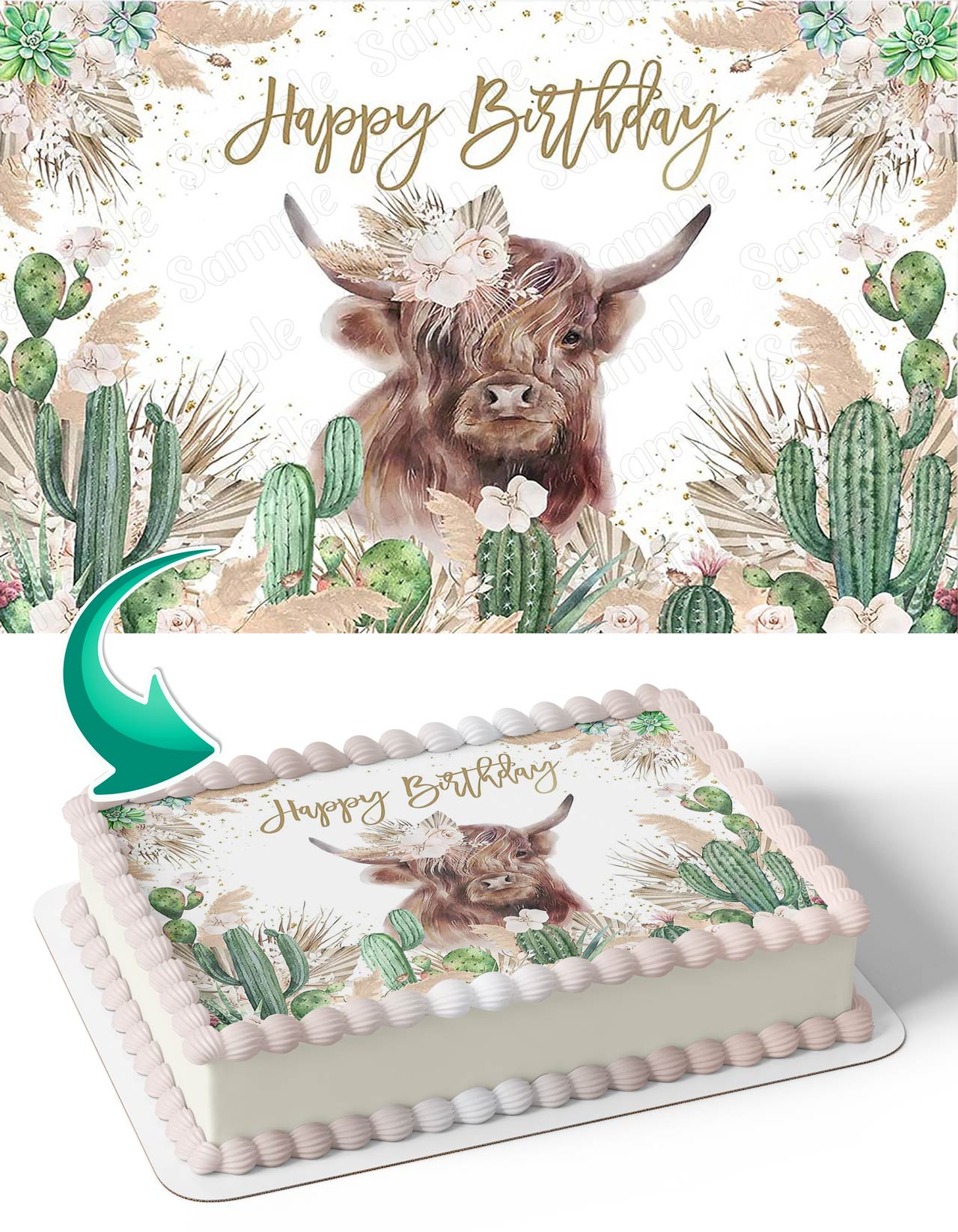 Highland Cow Cactus Grass Floral Baby Shower Farm Cattle Edible Cake Topper