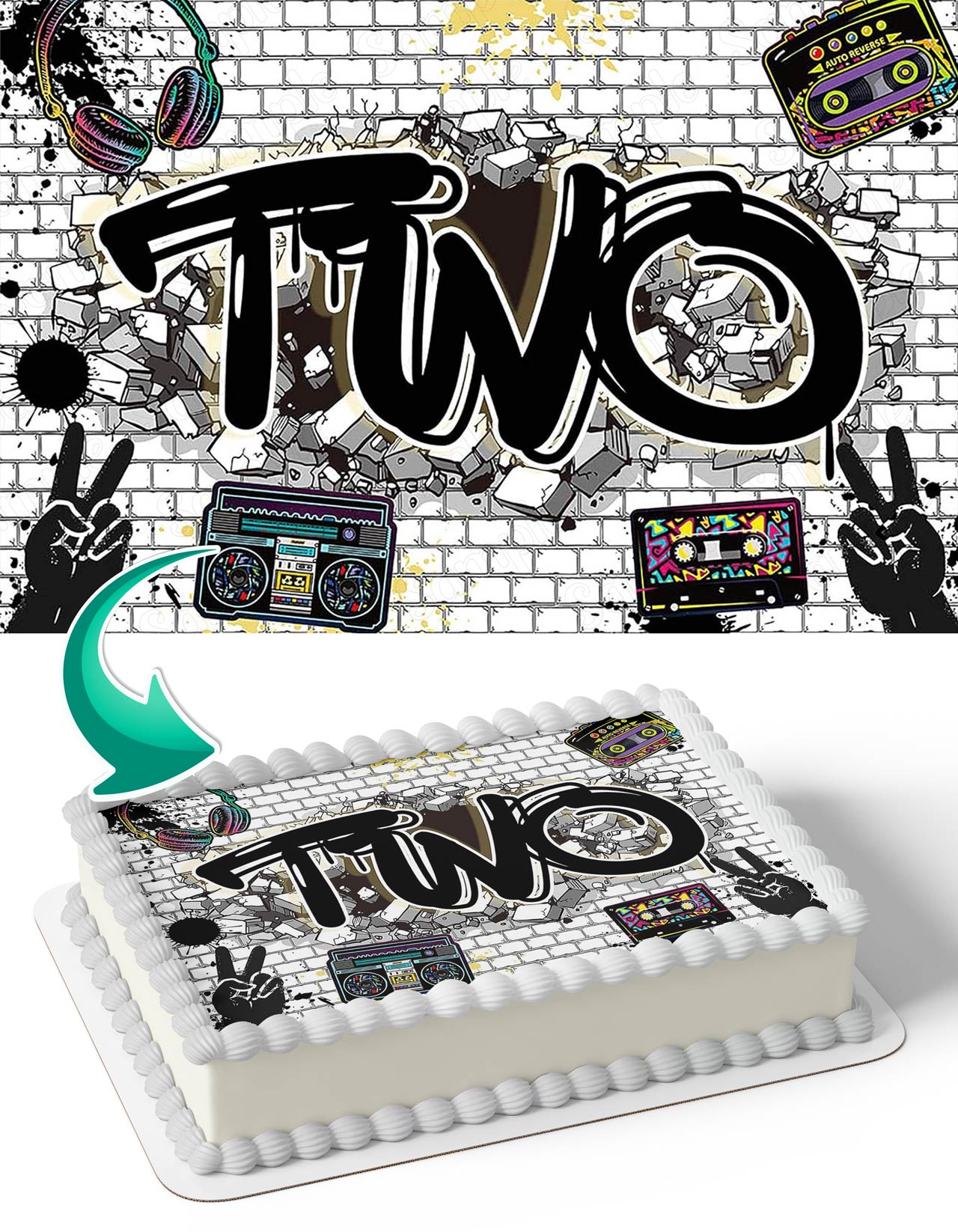 Hip Hop Rap Trap Music Old School Graffiti Brick Wall Two Edible Cake Topper
