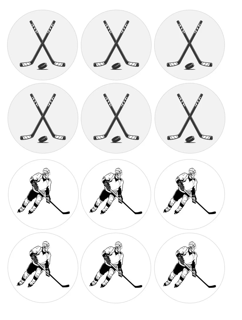 Hockey Black and White Edible Cupcake Toppers Icing Sheet or Wafer Paper