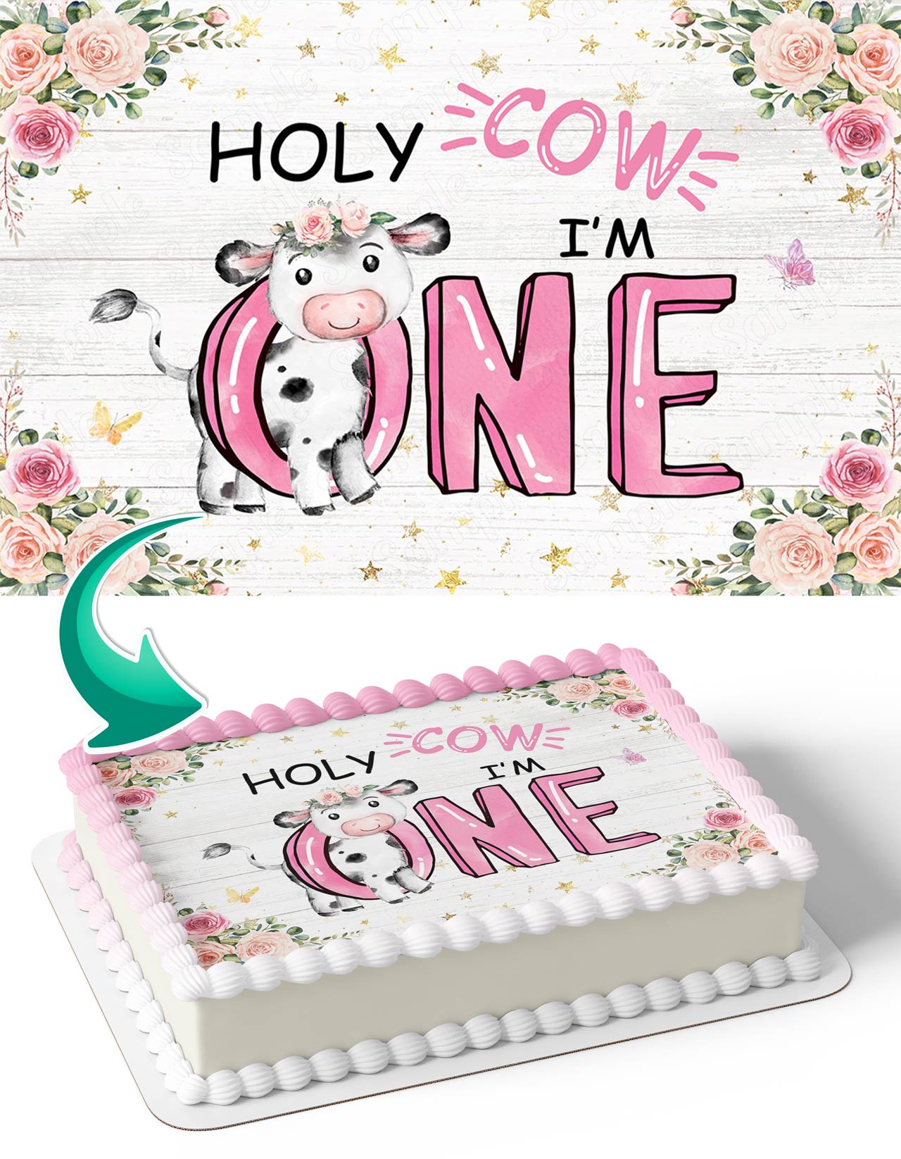 Holy Cow I'm One Baby Pink Milk Cow Edible Cake Topper