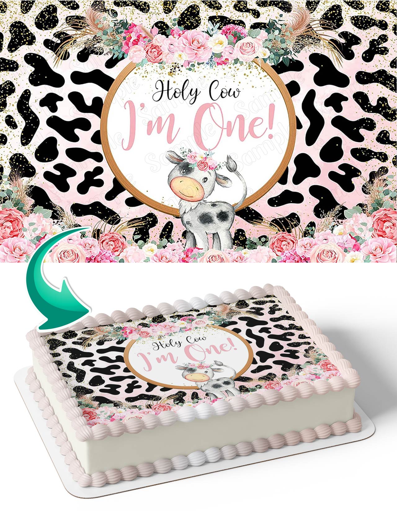 Holy Cow I'm One Pink Floral Farm Milk Cow Edible Cake Topper