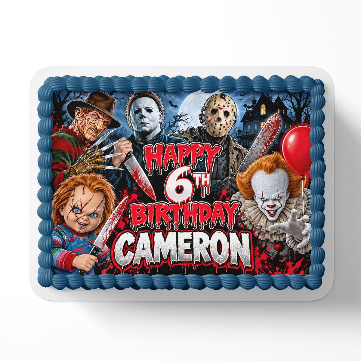 Horror Halloween Cake Topper – Scary Movie Characters Edible Cake Image, Custom Birthday Cake Decoration