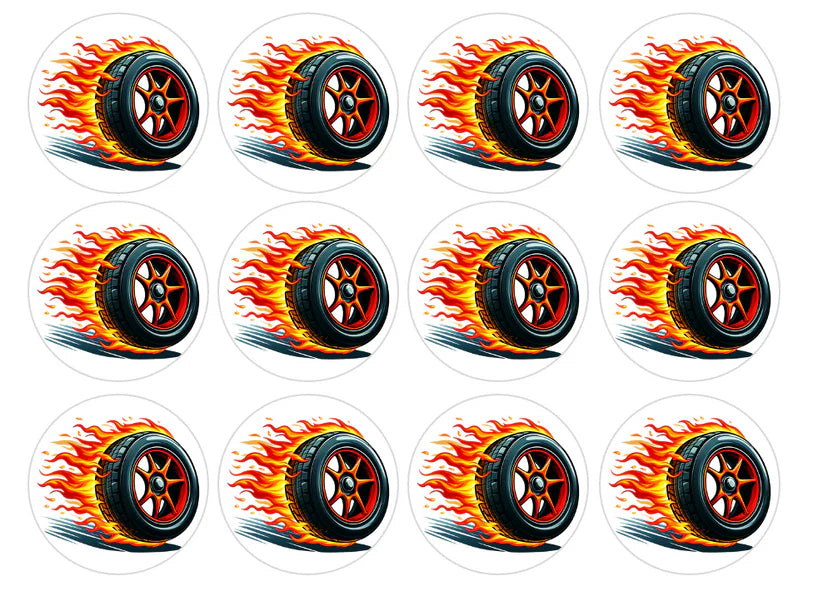 Hot Wheels Fire Edible Cupcake Toppers Icing Sheet or Wafer Paper