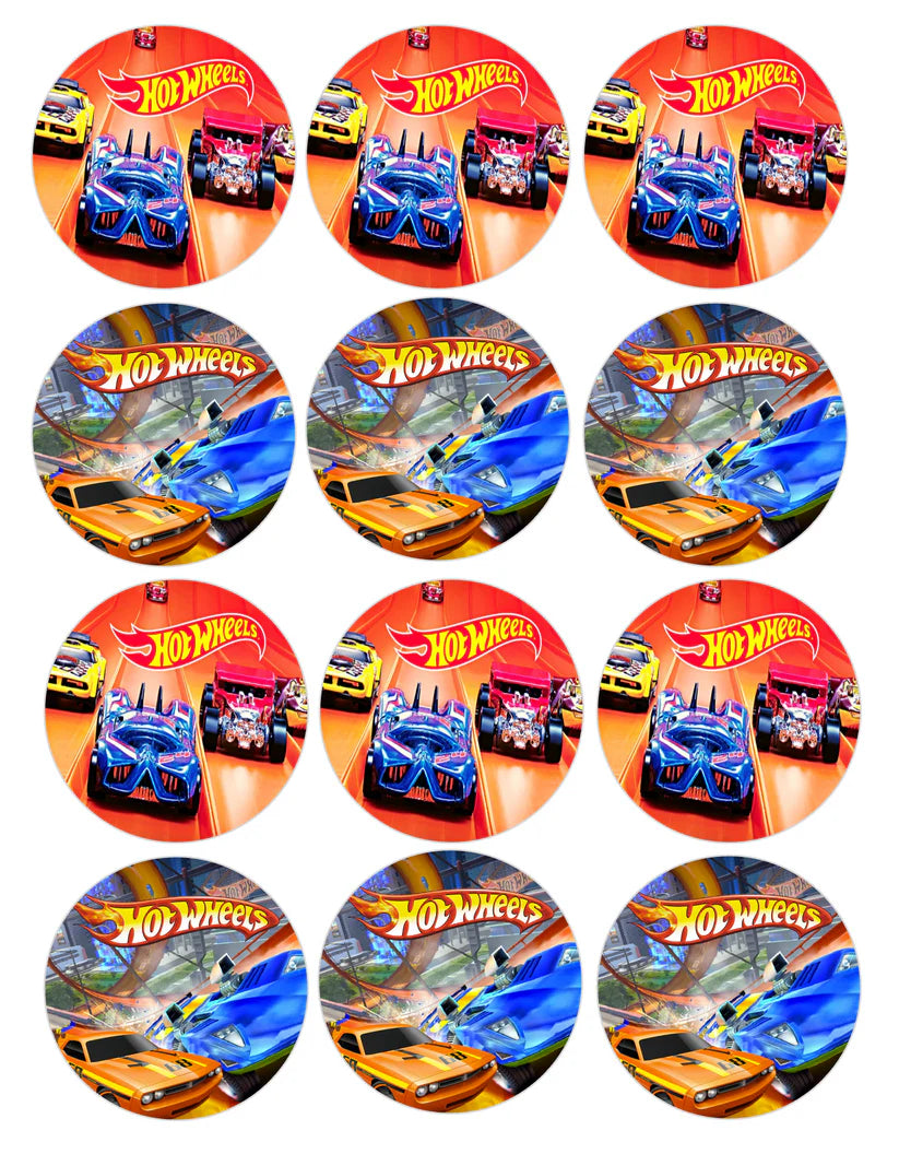 Hot Wheels Race Cars Edible Cupcake Toppers Icing Sheet or Wafer Paper