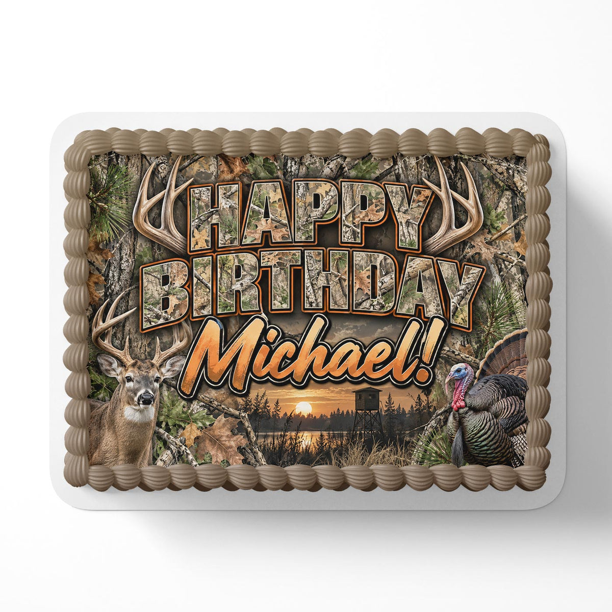 Custom Hunting Birthday Cake Topper – Deer & Turkey Mossy Oak Camouflage Edible Cake Image