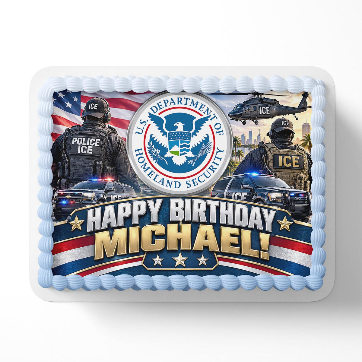 ICE Birthday Cake Topper – Personalized Immigration Officer Edible Image, ICE Agent Birthday Cake Decoration, Custom Icing Sheet
