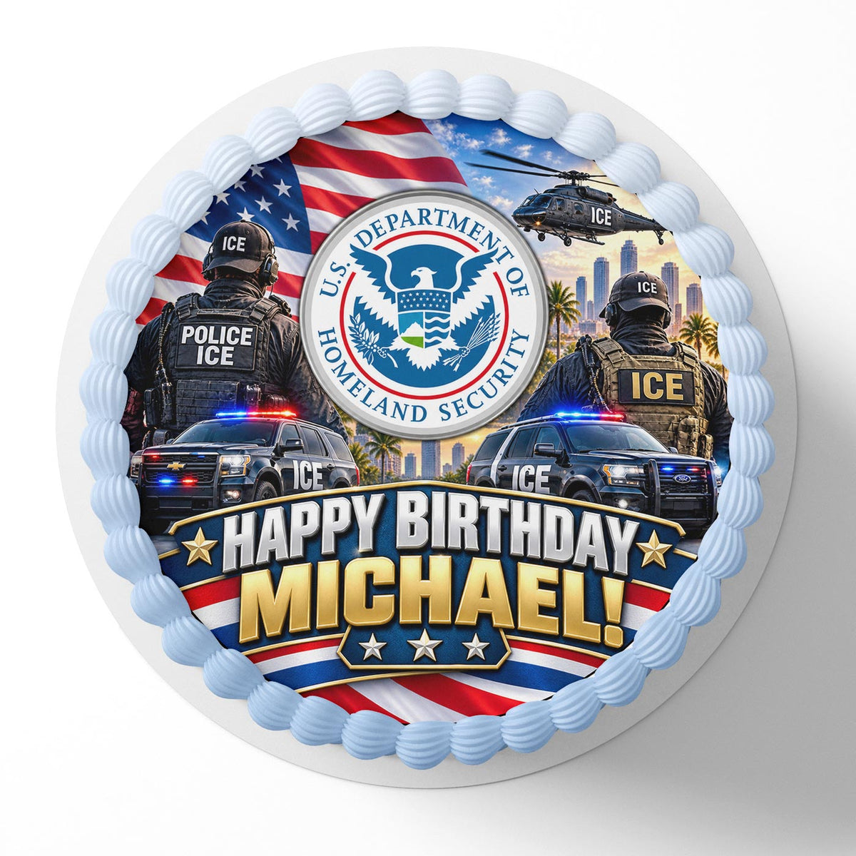 ICE Birthday Cake Topper – Personalized Immigration Officer Edible Image, ICE Agent Birthday Cake Decoration, Custom Icing Sheet