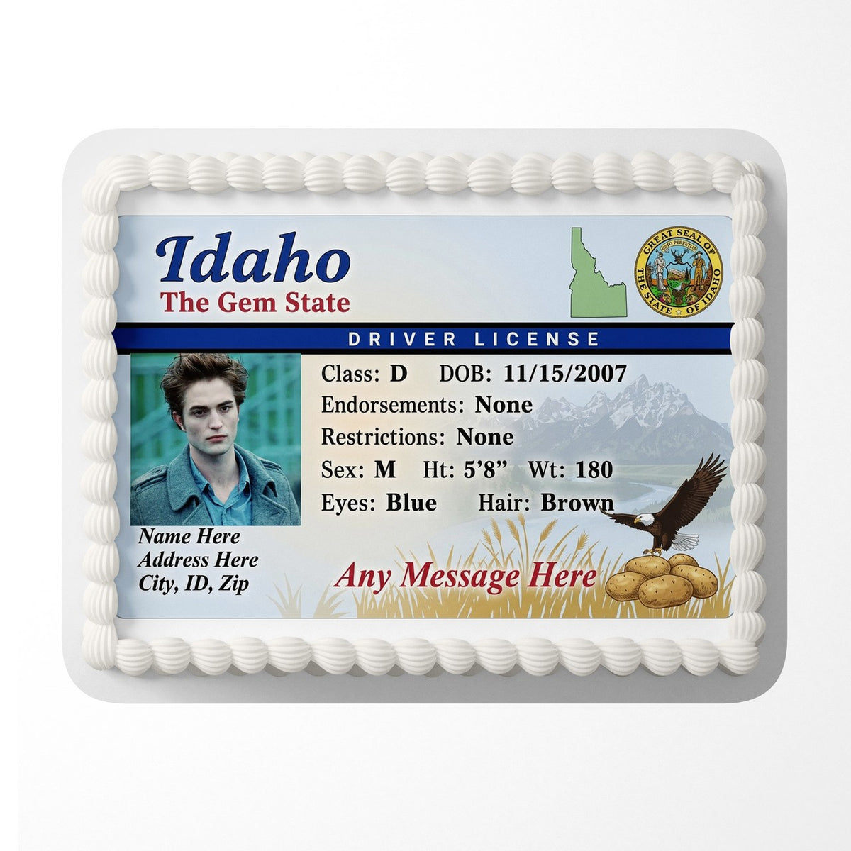 Idaho Driver License Edible Cake Topper – Custom Photo Birthday Icing Sheet