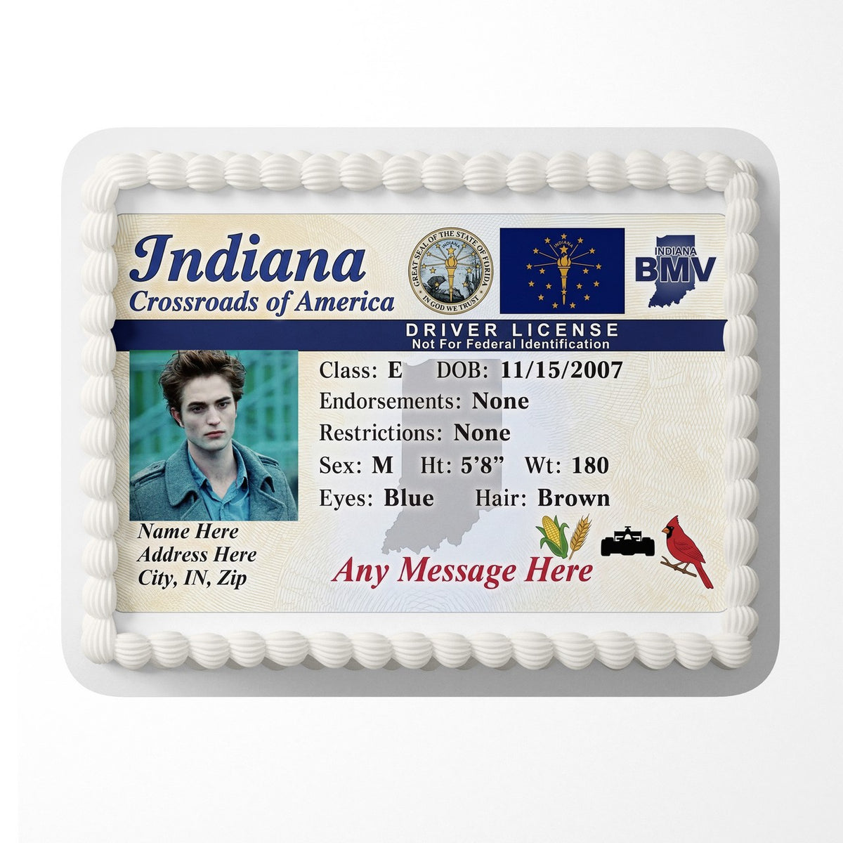 Indiana Driver License Edible Cake Topper – Custom Photo Birthday Icing Sheet