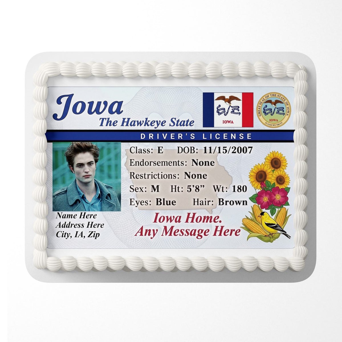 Iowa Driver License Edible Cake Topper – Custom Photo Birthday Icing Sheet