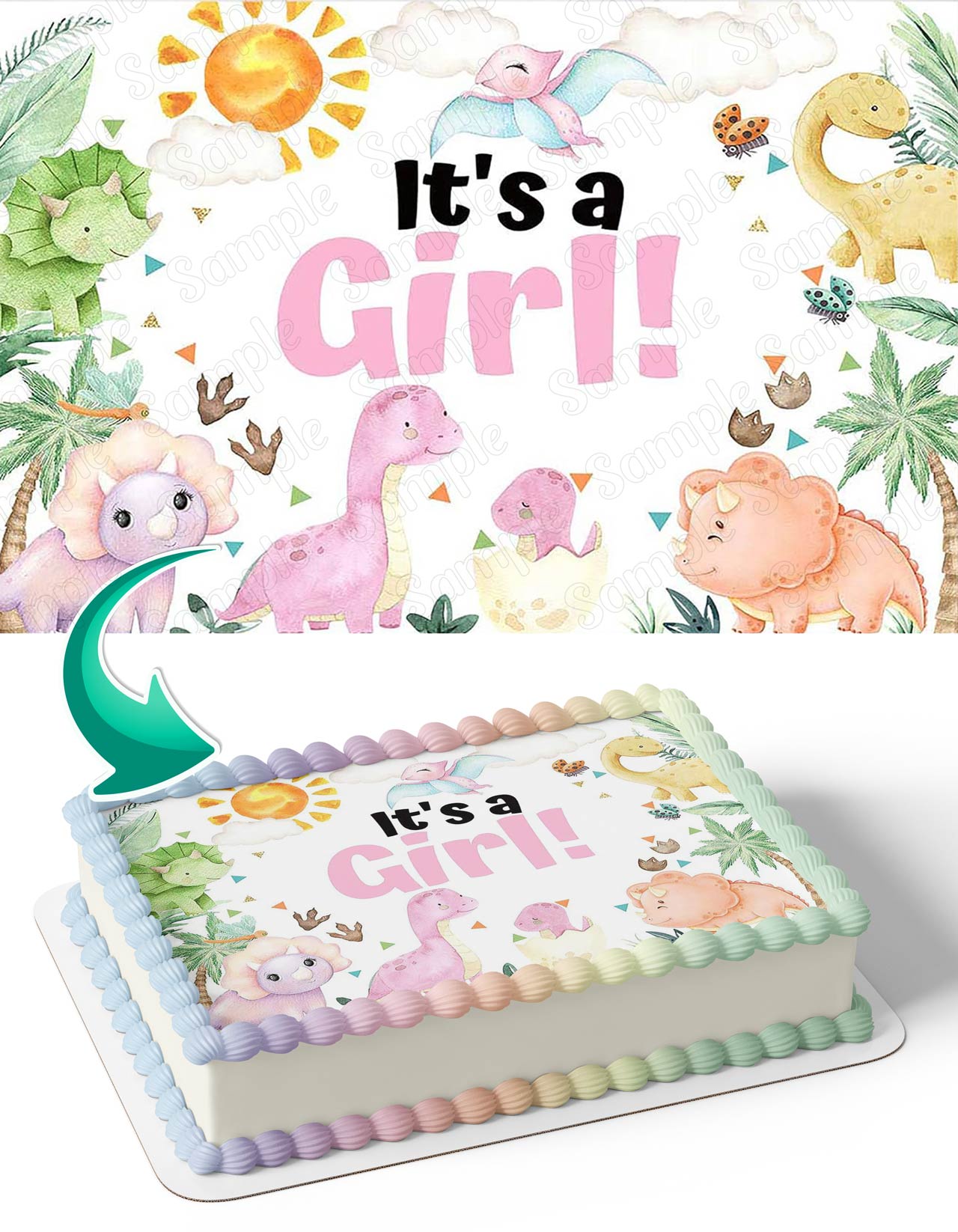 Its a Girl Baby Shower Pink Cartoon Dinosaur Edible Cake Topper