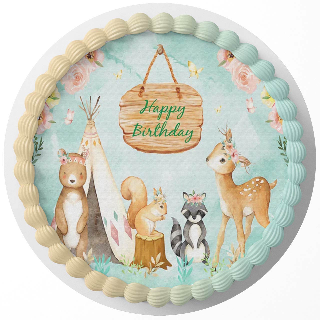 Jungle Animal Watercolor Woodland Floral Deer Bear TSD Round – Ic - Personalized Edible Cake Topper | Custom Icing Sheet | Birthday Cake Decoration