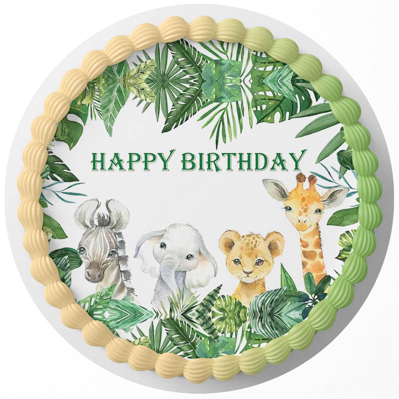 Jungle Animals Green Leaves Woodland Safari ZPL Round – Icing She - Personalized Edible Cake Topper | Custom Icing Sheet | Birthday Cake Decoration