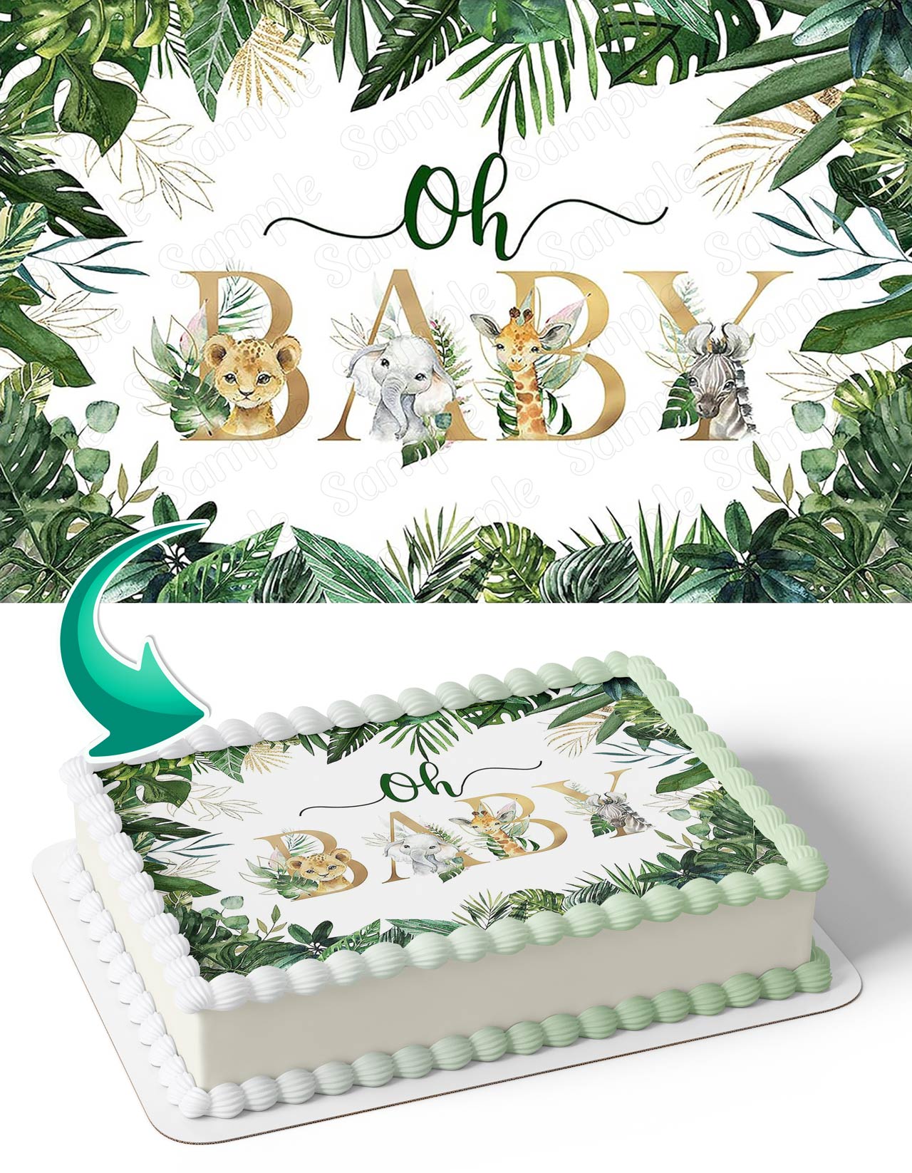 Jungle Animals Oh Baby Gold Green Leaves Edible Cake Topper