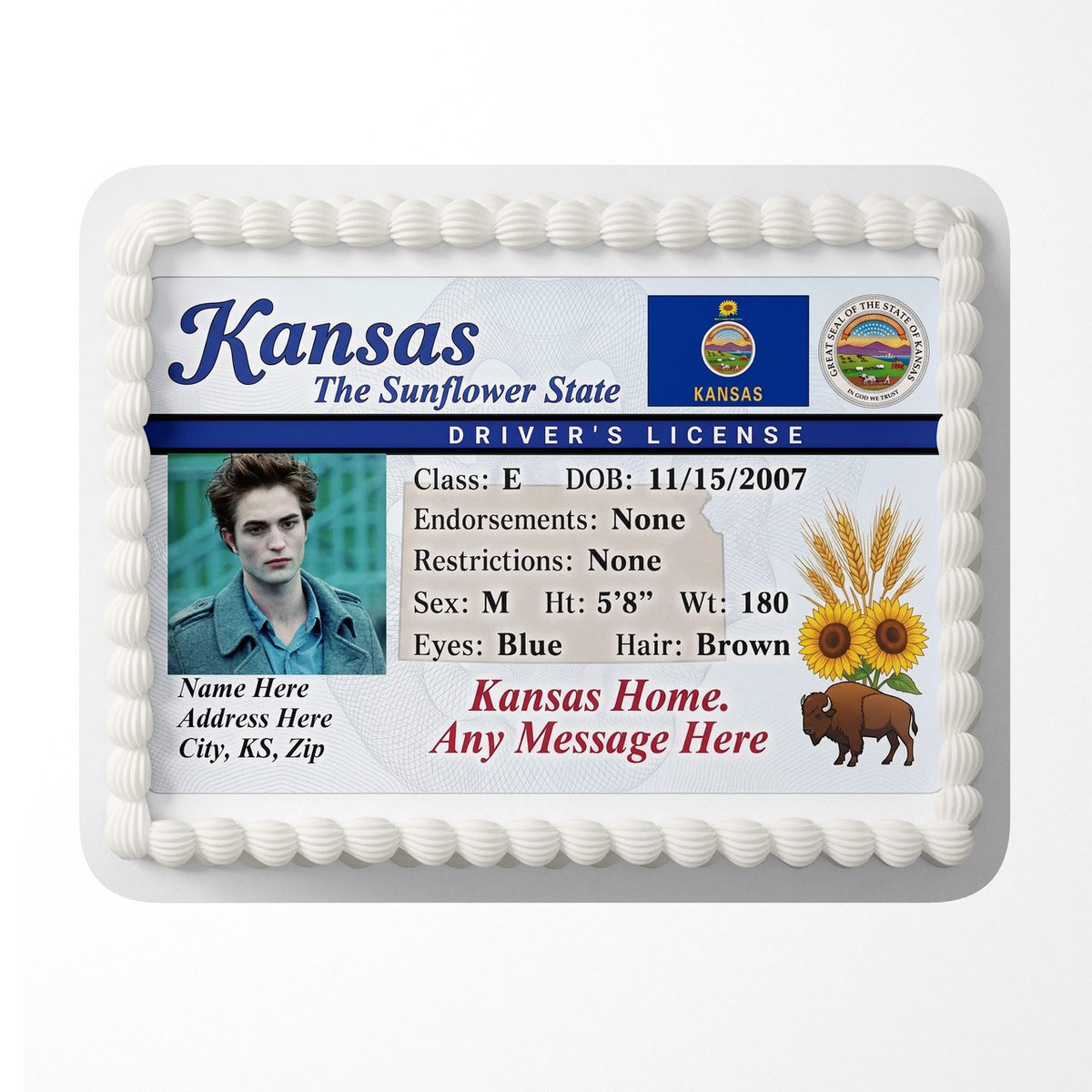 Kansas Driver License Edible Cake Topper – Custom Photo Birthday Icing Sheet