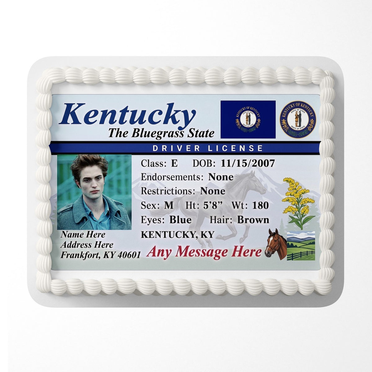 Kentucky Driver License Edible Cake Topper – Custom Photo Birthday Icing Sheet