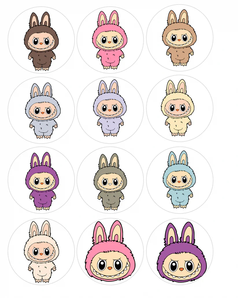 Labubu Full Body Multicolor Edible Cupcake Toppers Icing Sheet or Wafer Paper