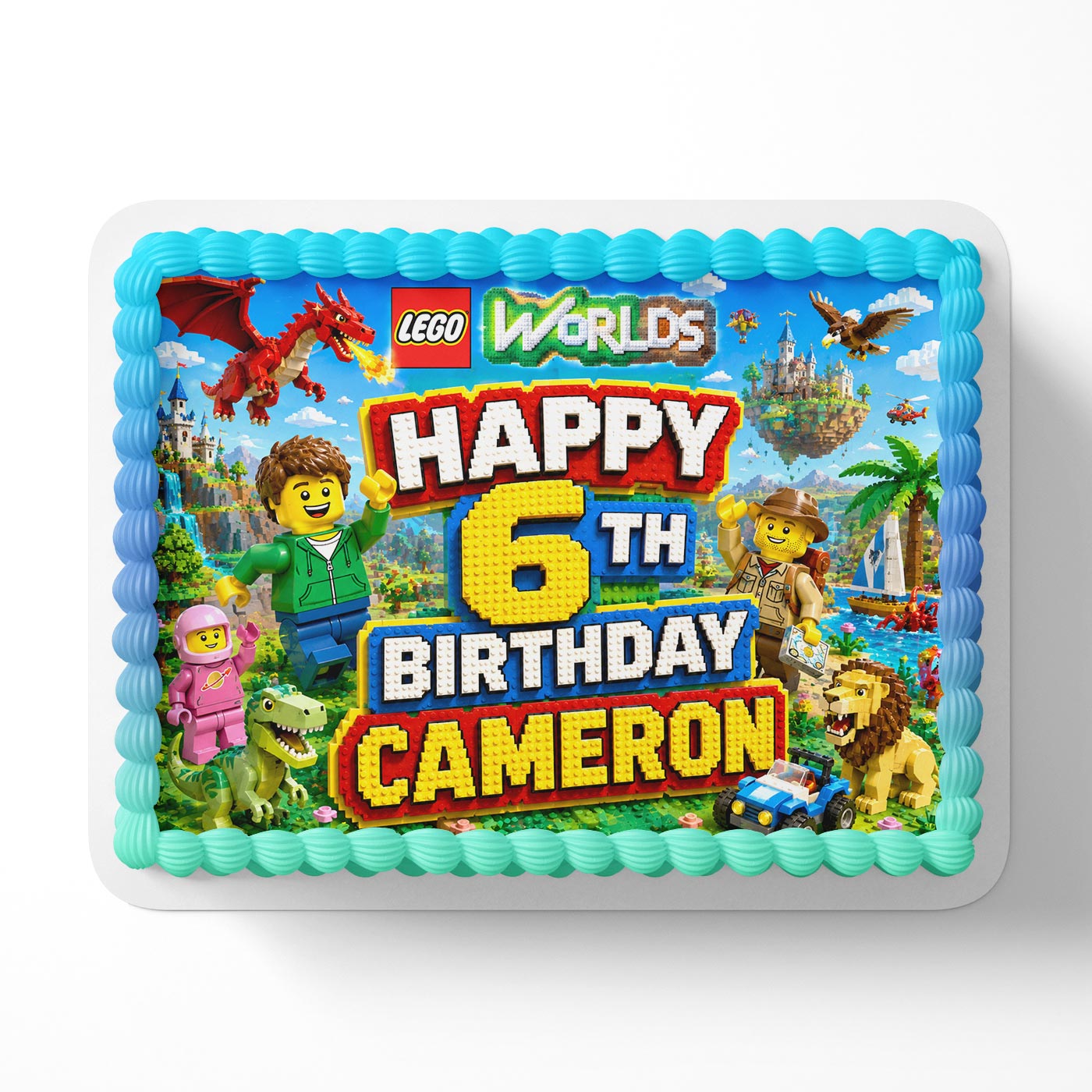 Lego Worlds Kids Blocks Fun Edible Cake Topper | Birthday Cake Decoration | Photo Cake Image