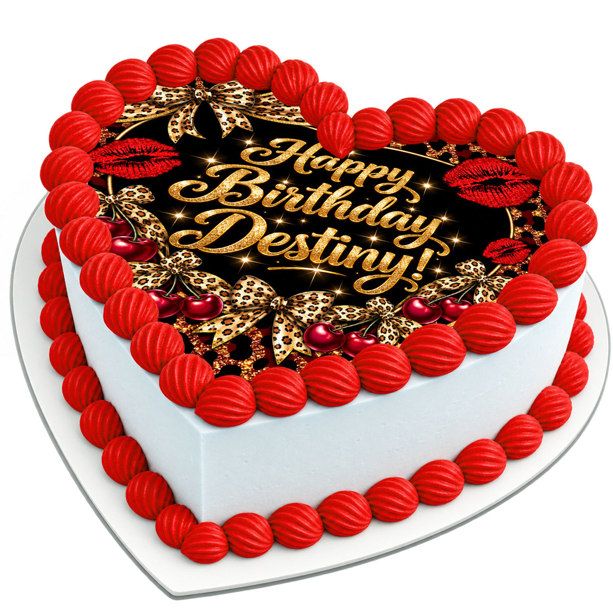 Leopard Cheetah Cherry Blossom Heart Cake Topper – Edible Cake Image – Icing Sheet for Cakes