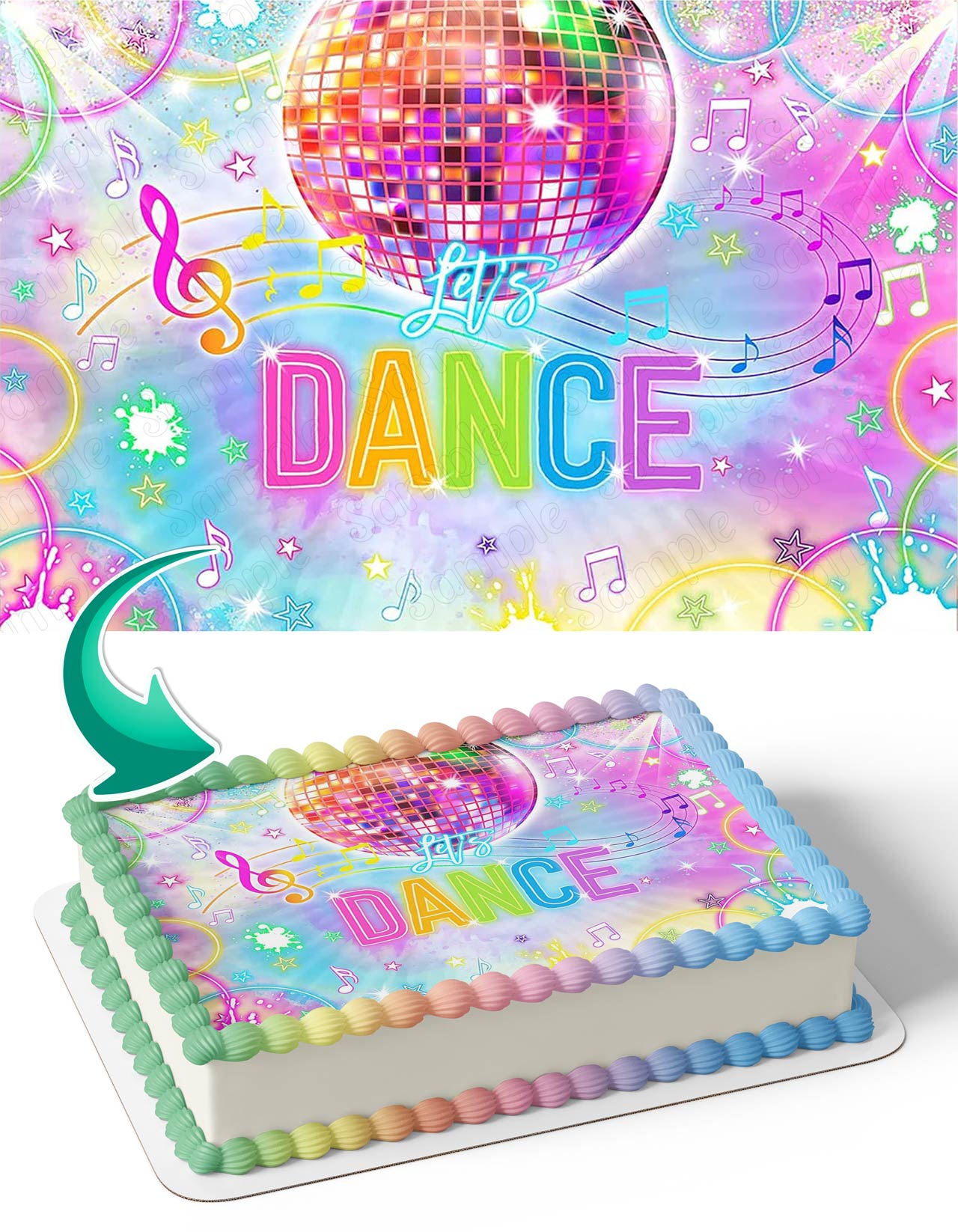 Lets Dance Disco Party Shiny Neon Lights Edible Cake Topper
