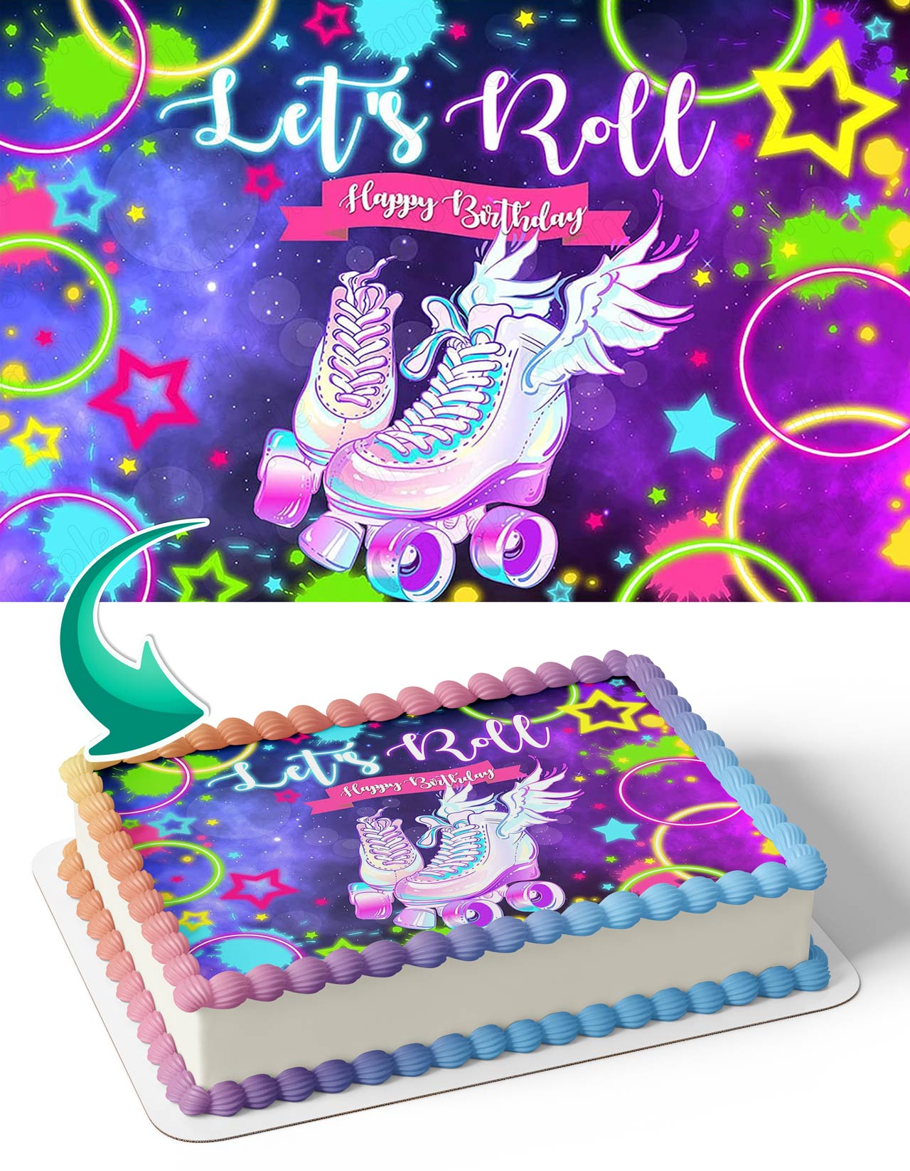 Lets Roll Roller Skating Neon Glow Rainbow Disco Dance Edible Cake Topper
