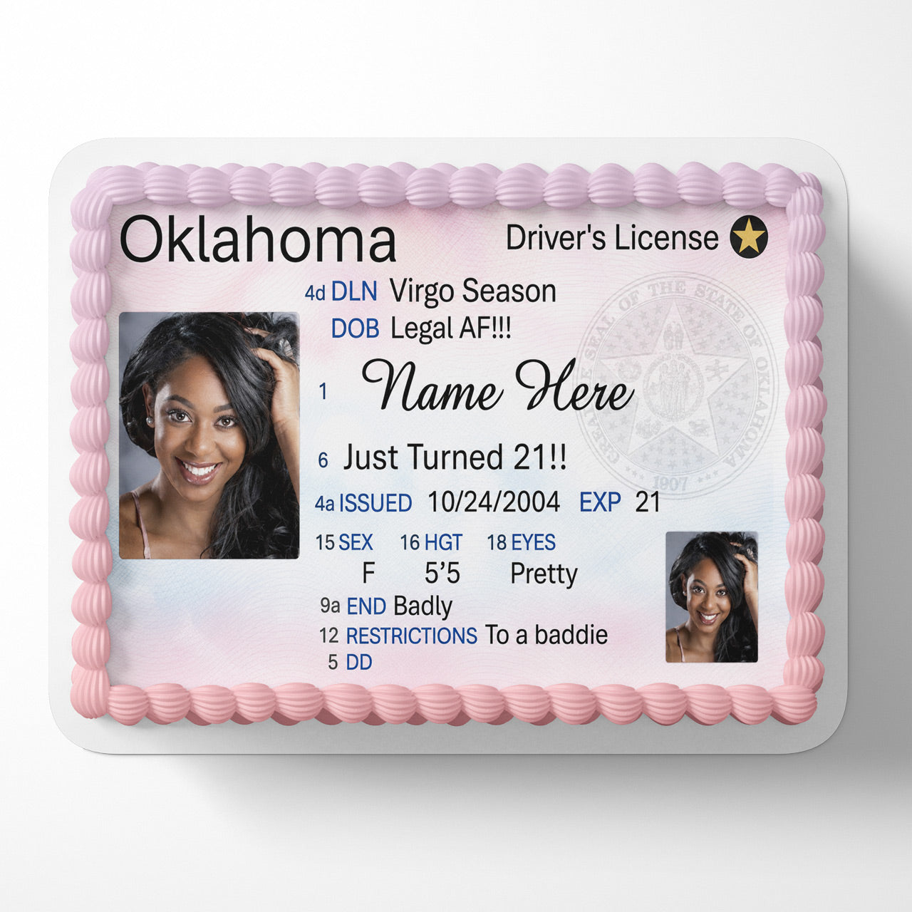 Personalized Driver Girls License Edible Cake Topper – Custom Photo Birthday Cake Image – Edible Frosting Sheet for Any State Design