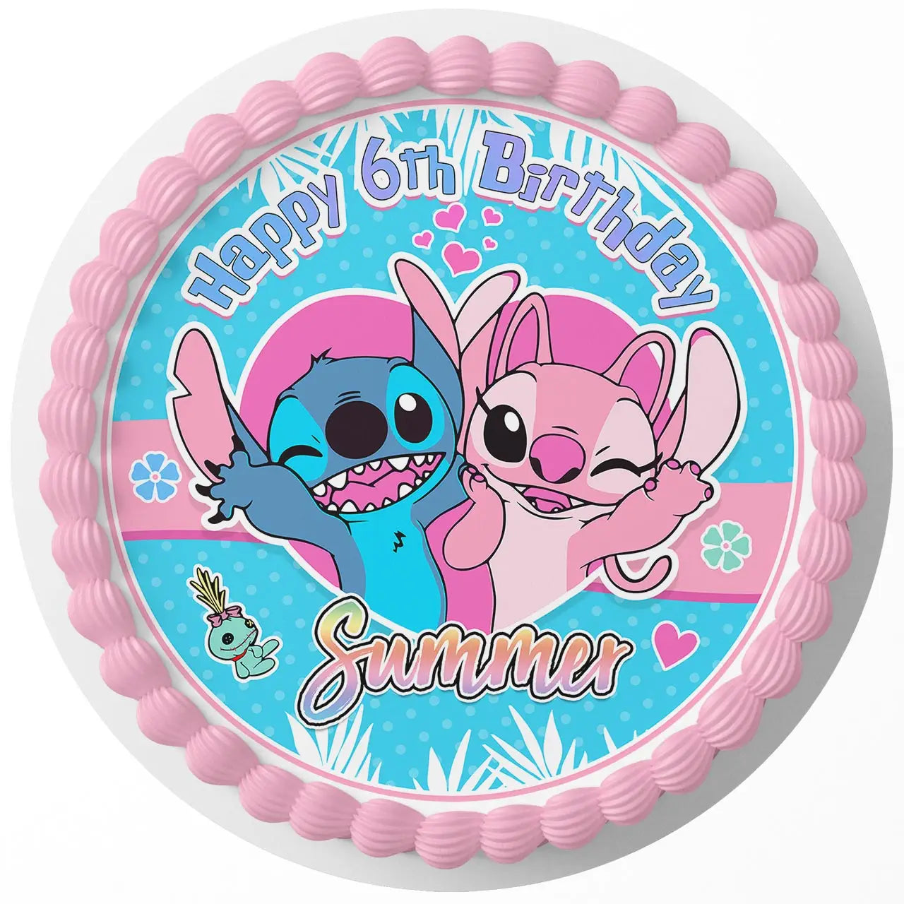 Lilo and Stich Kids Fun Sticsh Angel Experiment 624 Pink Round – Icing She - Personalized Edible Cake Topper | Custom Icing Sheet | Birthday Cake Decoration