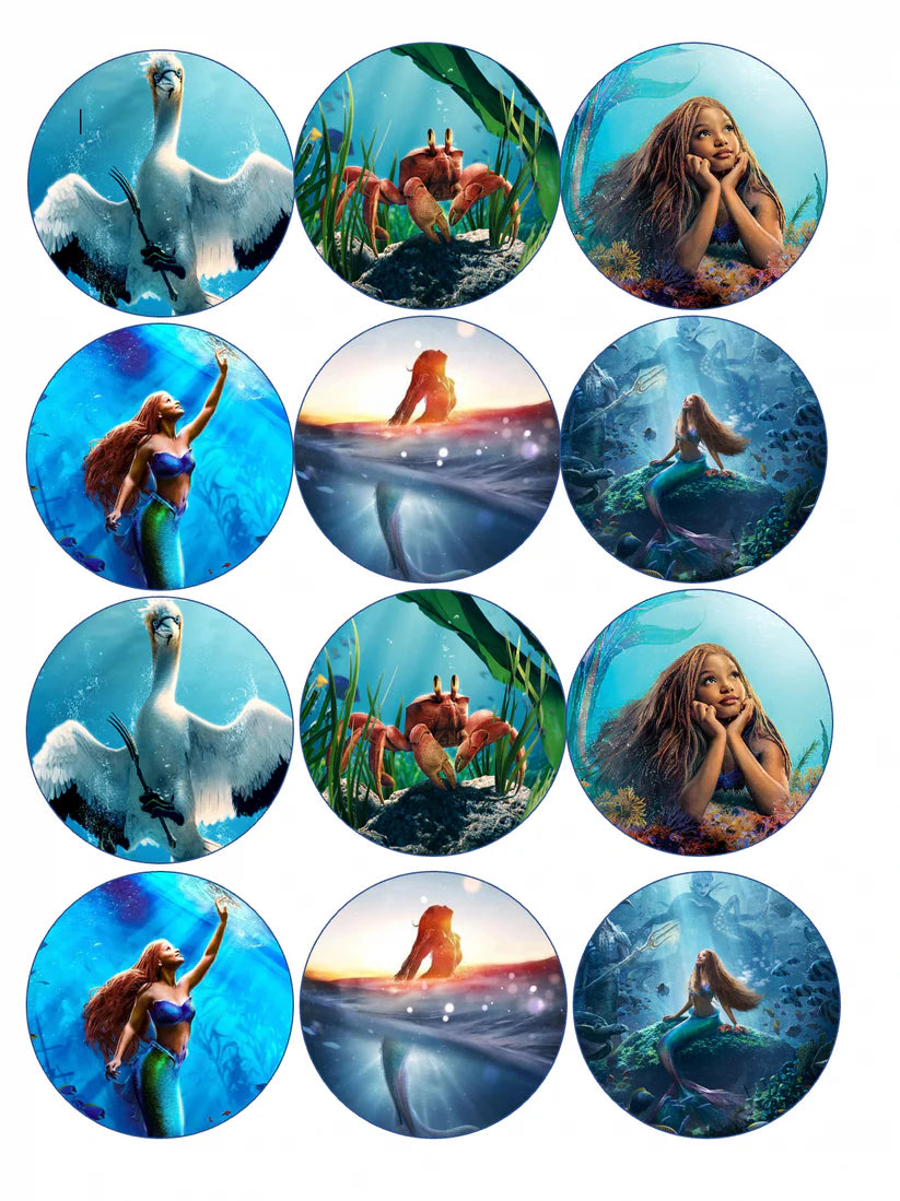 Live Action Little Mermaid Edible Cupcake Toppers Icing Sheet or Wafer Paper